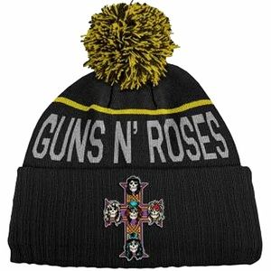 Guns N' Roses Pom Beanie Appetite For Destruction Cross Logo Cuffed Knit Hat NEW